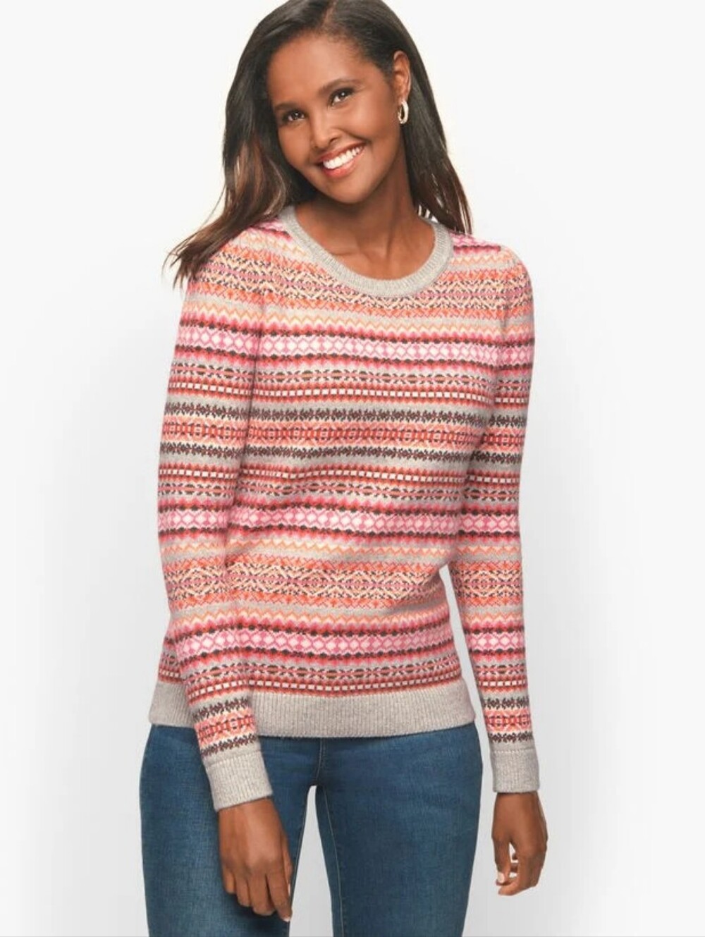 Talbots Fair Isle Crewneck Sweater Pink Orange Gray Cotton Blend Pullover Large